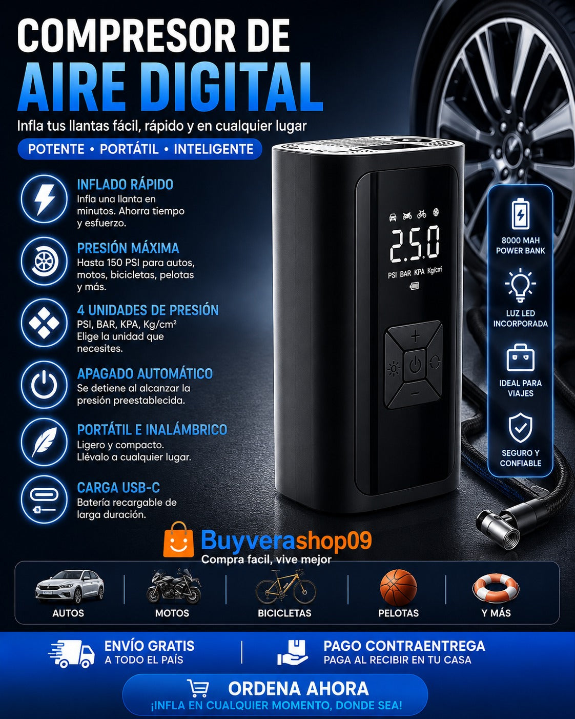 COMPRESOR DE AIRE CON WIRELESS DIGITAL EG-216 (30/20 UND X CAJA )